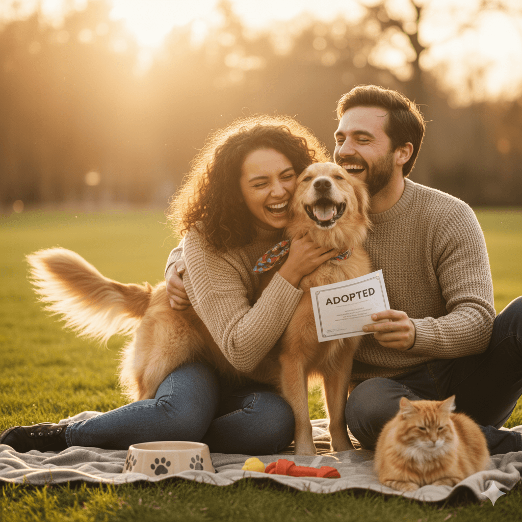 A happy couple with their newly adopted pet